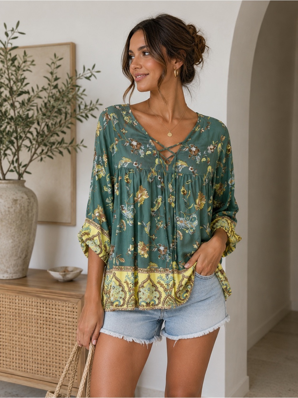Cato Top Green Yellow Floral Paisley Print V Neck 3/4 Sleeve